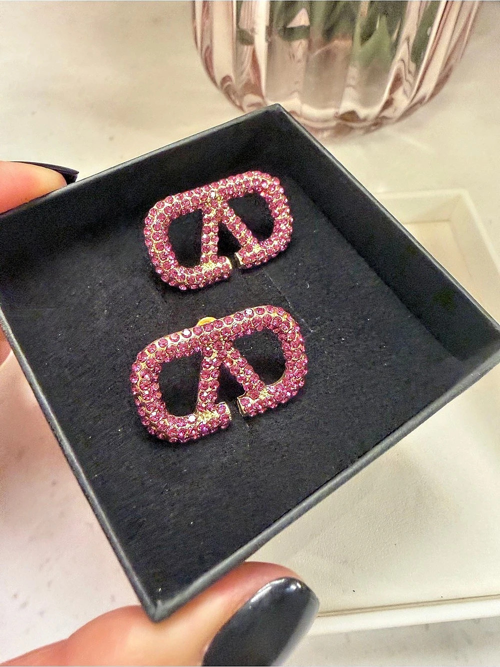 Valentino Pink Rhinestone V Logo Earrings in Pink NIB
